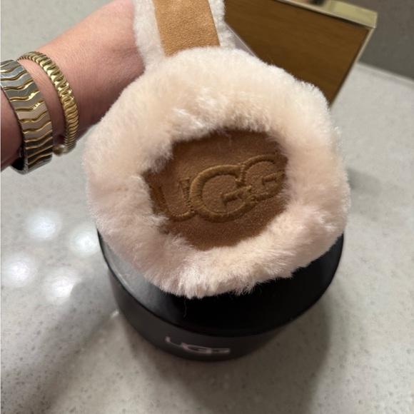 UGG Embroidered Letter Accents Cream and Brown Plush Earmuffs - Picture 3 of 5